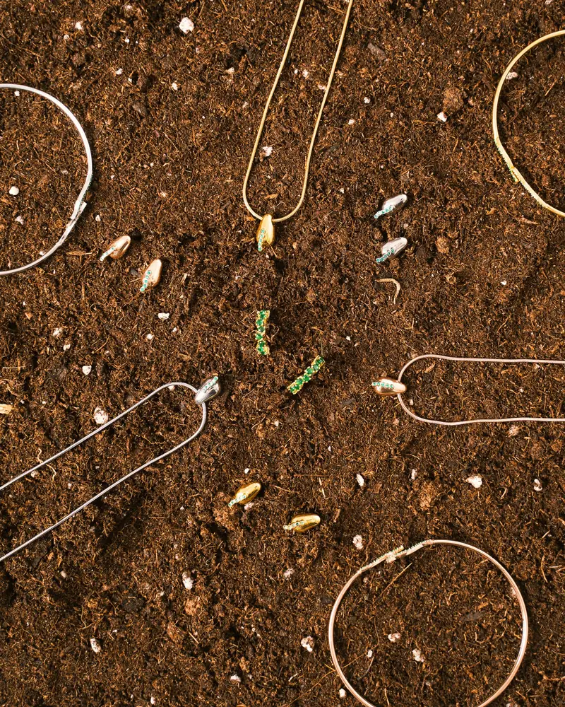 Gold jewellery scattered across dark soil