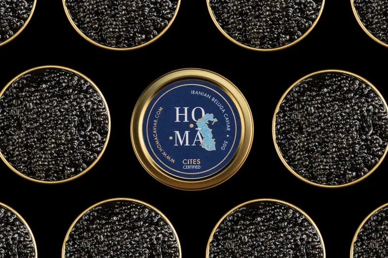 Homa caviar tins arranged on black