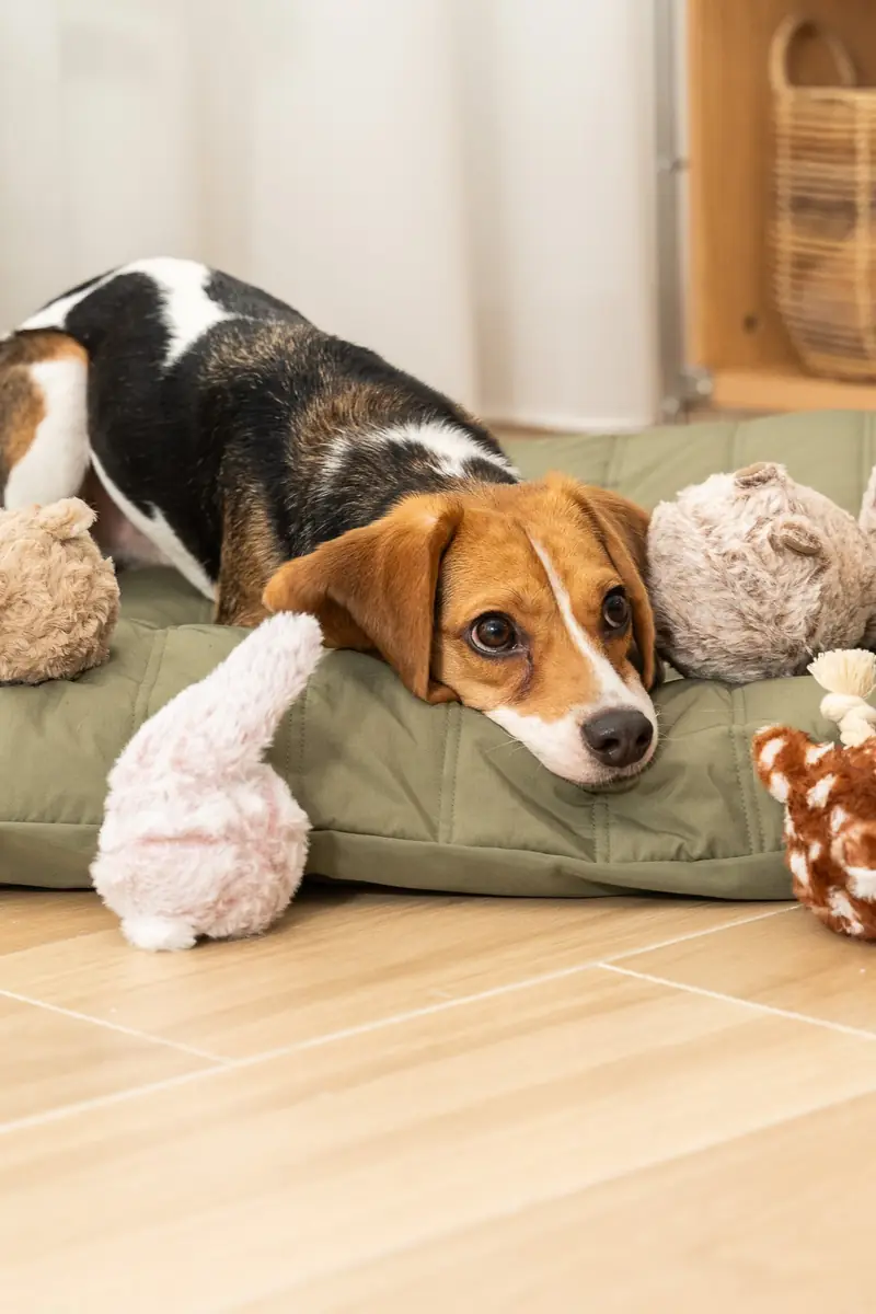 Two dogs resting on a padded dog bed