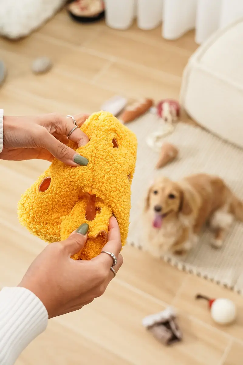 Hand offering a yellow plush toy to a dog