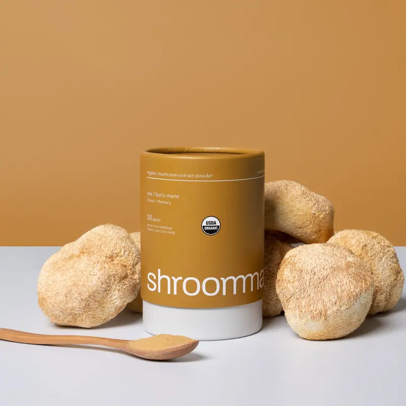 Yellow Shroommate canister with lion’s mane mushrooms