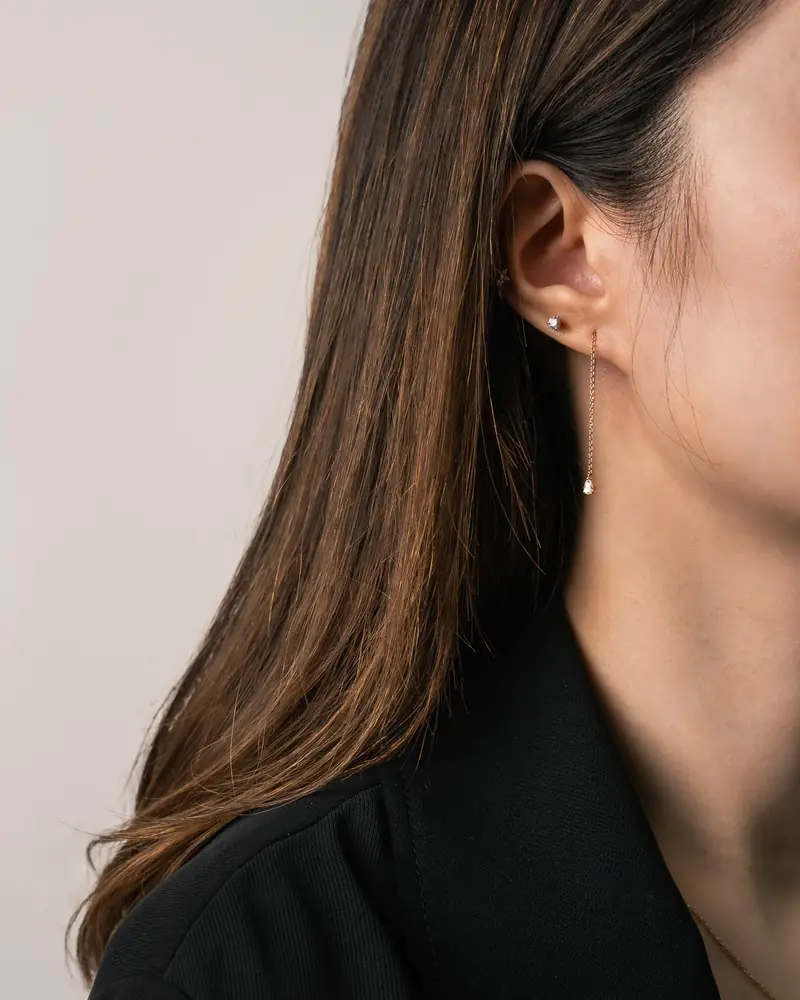 Profile of a model wearing a small earring