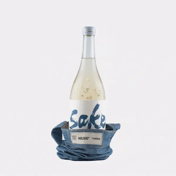 Sake bottle on a decorative blue stand