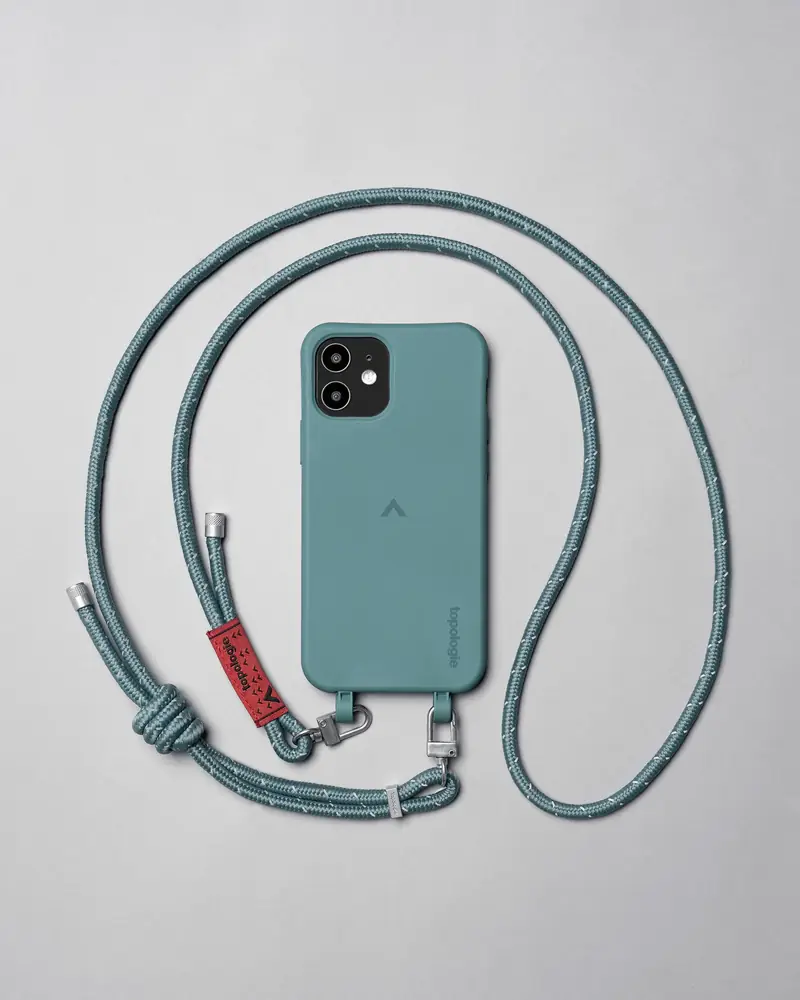 Teal phone case with a braided strap
