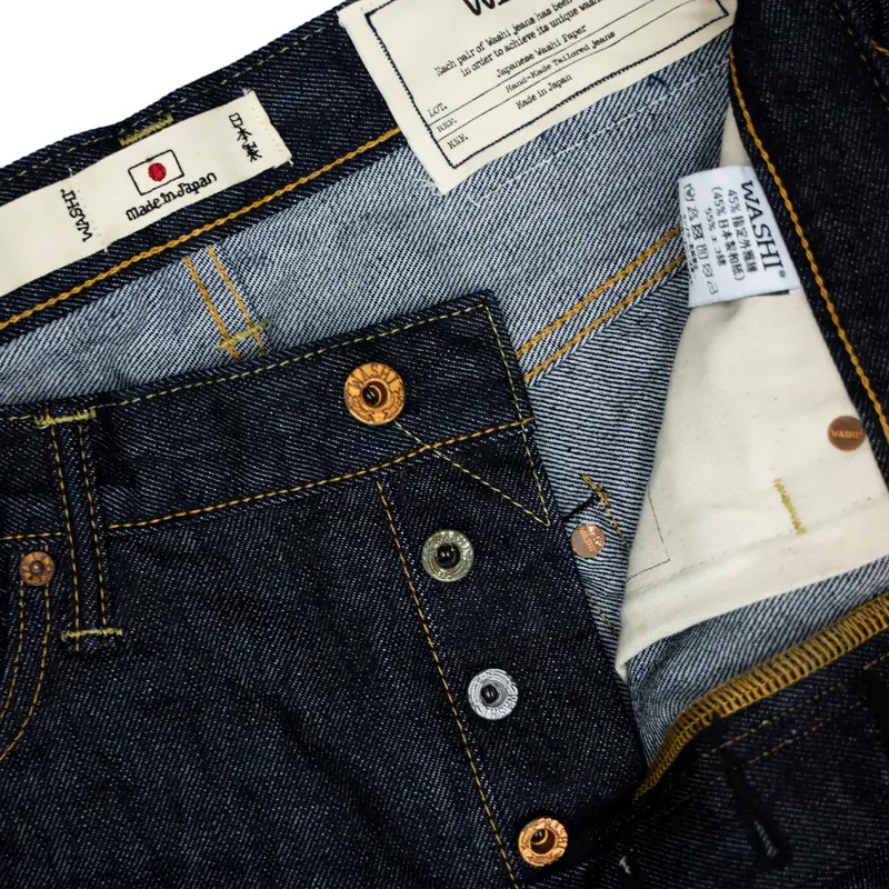 Detail of raw denim with a button fly