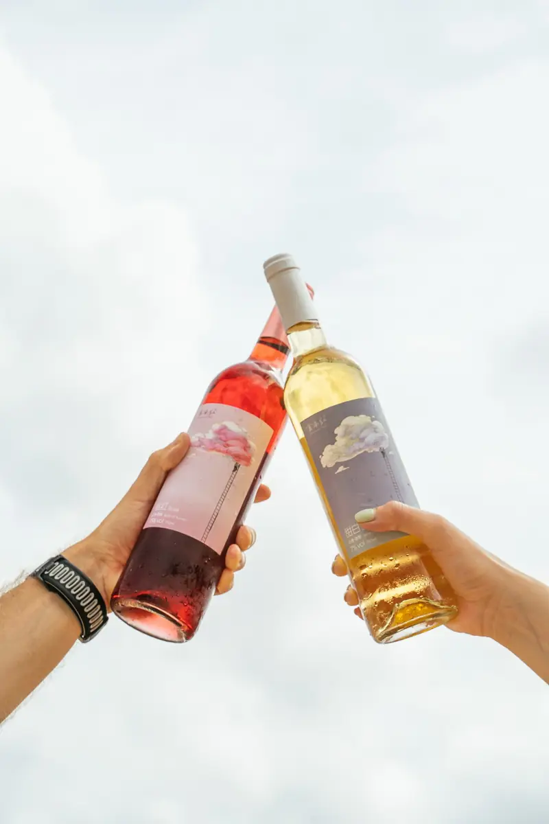 Two hands raising bottles of rosé and white wine against the sky