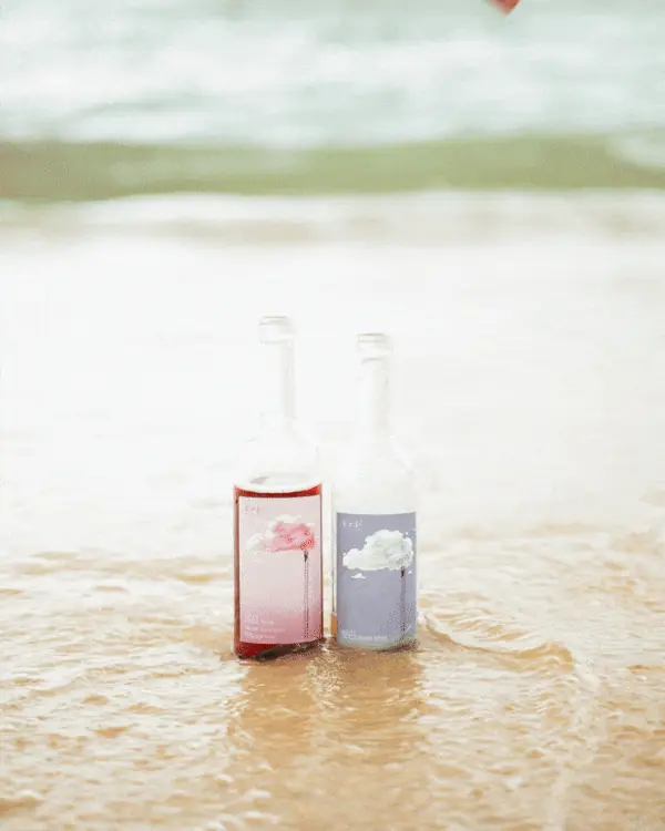 Wine bottles standing in the shallows at the beach
