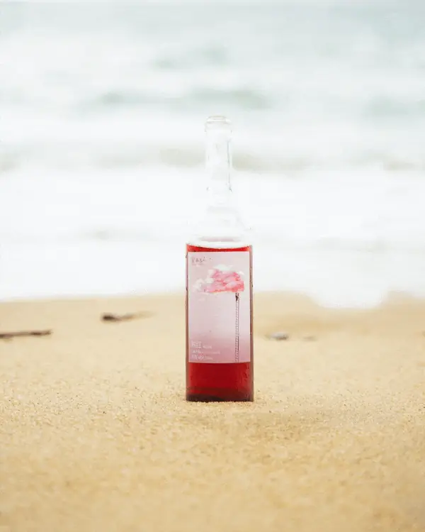 Bottle of rosé standing on the sand by the sea